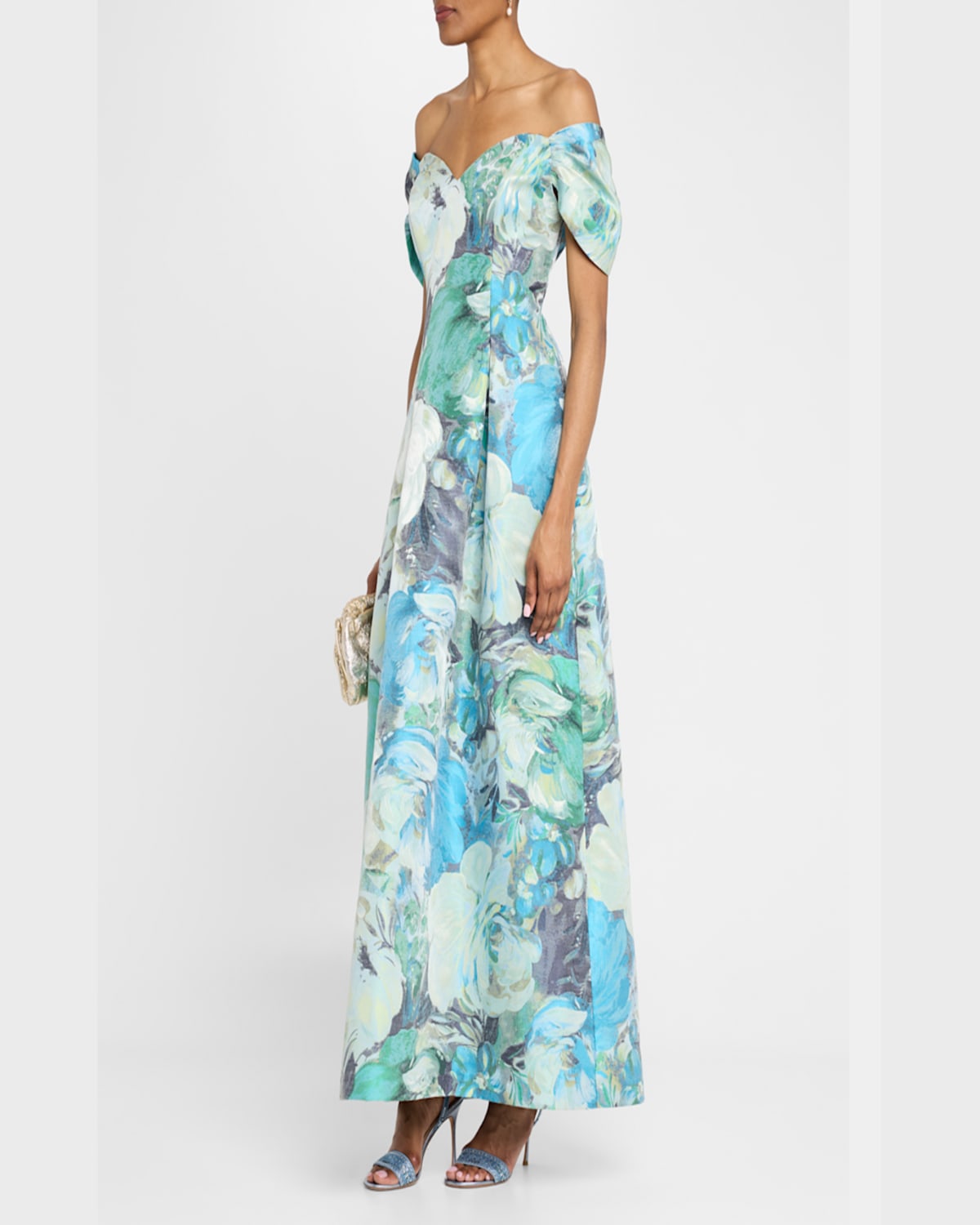Aidan Mattox Pleated Off-shoulder Floral Jacquard Gown In Blue Multi