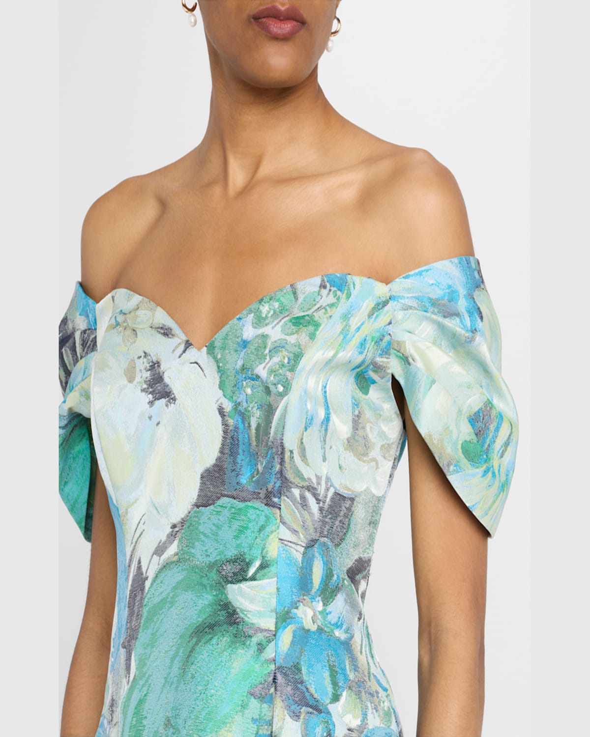 Aidan Mattox Pleated Off-shoulder Floral Jacquard Gown In Blue Multi