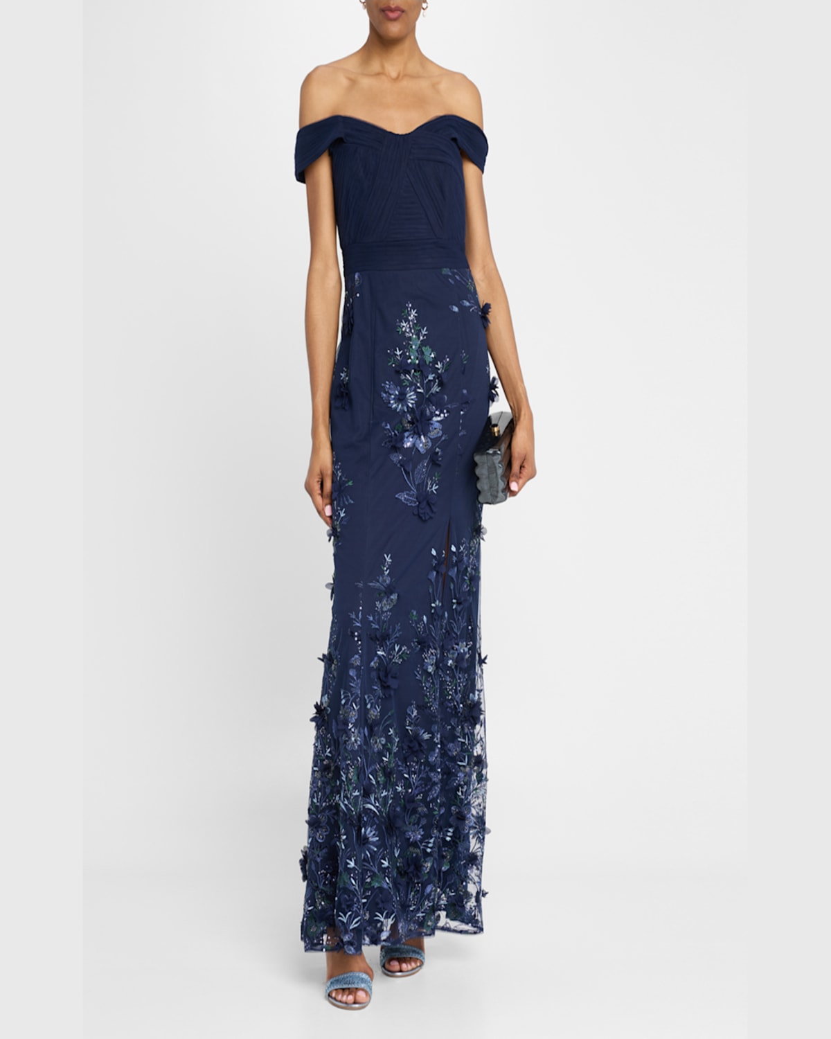 Aidan Mattox By Adrianna Papell Sequin Embellished Off The Shoulder Mermaid Gown In Navy