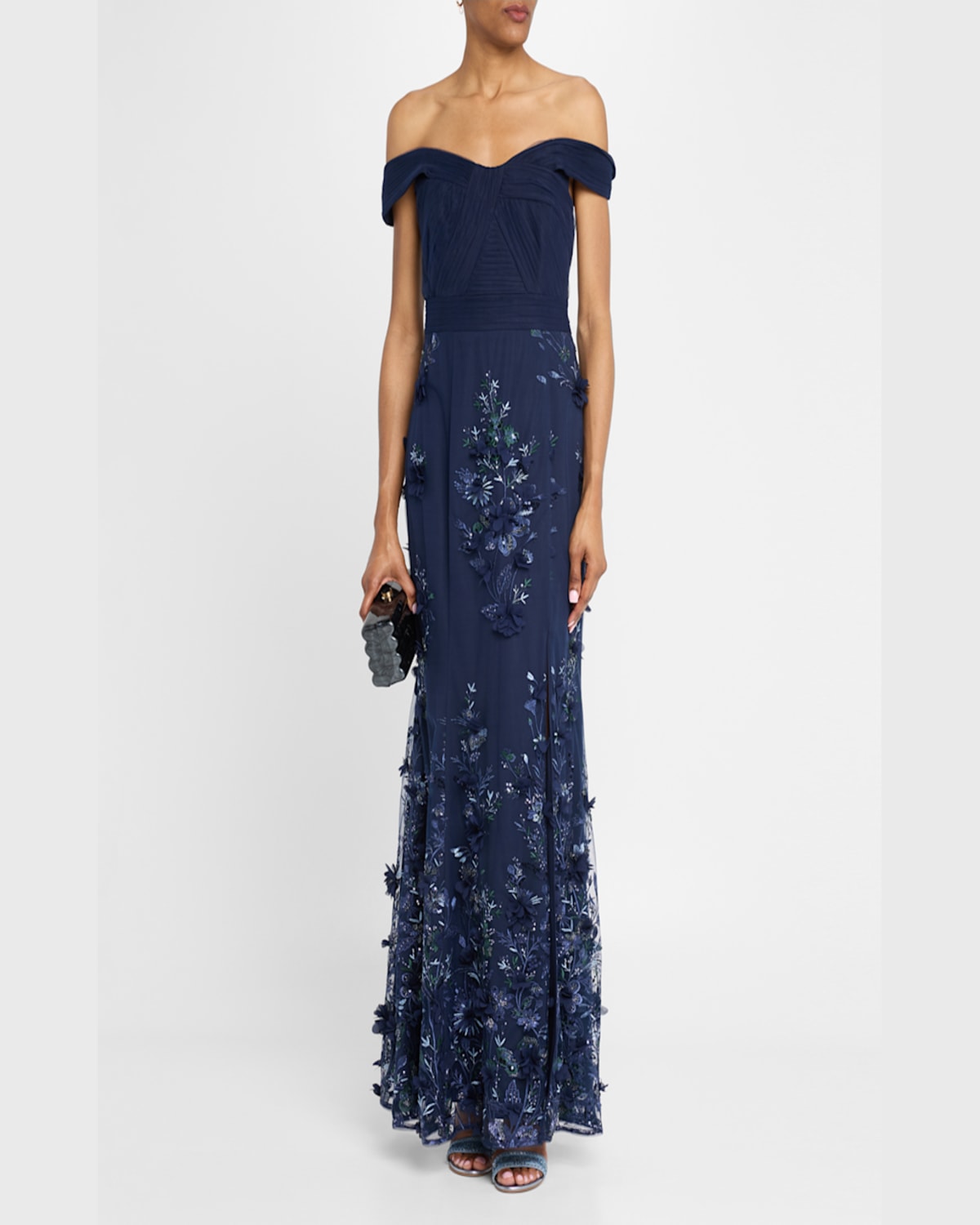 Aidan Mattox By Adrianna Papell Sequin Embellished Off The Shoulder Mermaid Gown In Navy