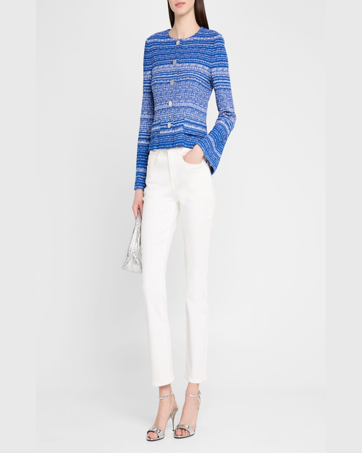 Misook Modern-fit Melange Tweed Knit Jacket In Aegean Blue/aquatic/white/silver