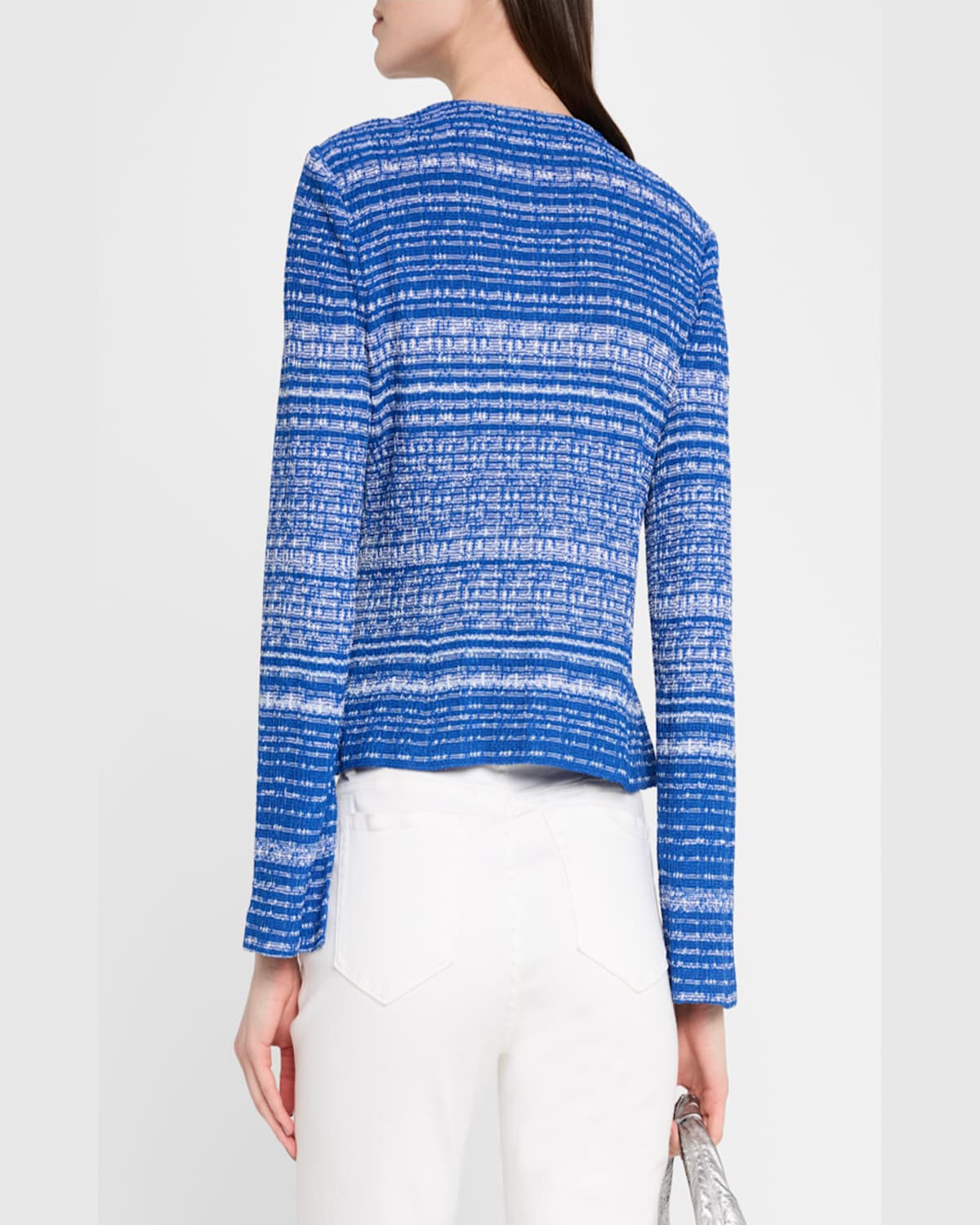 Misook Modern-fit Melange Tweed Knit Jacket In Aegean Blue/aquatic/white/silver