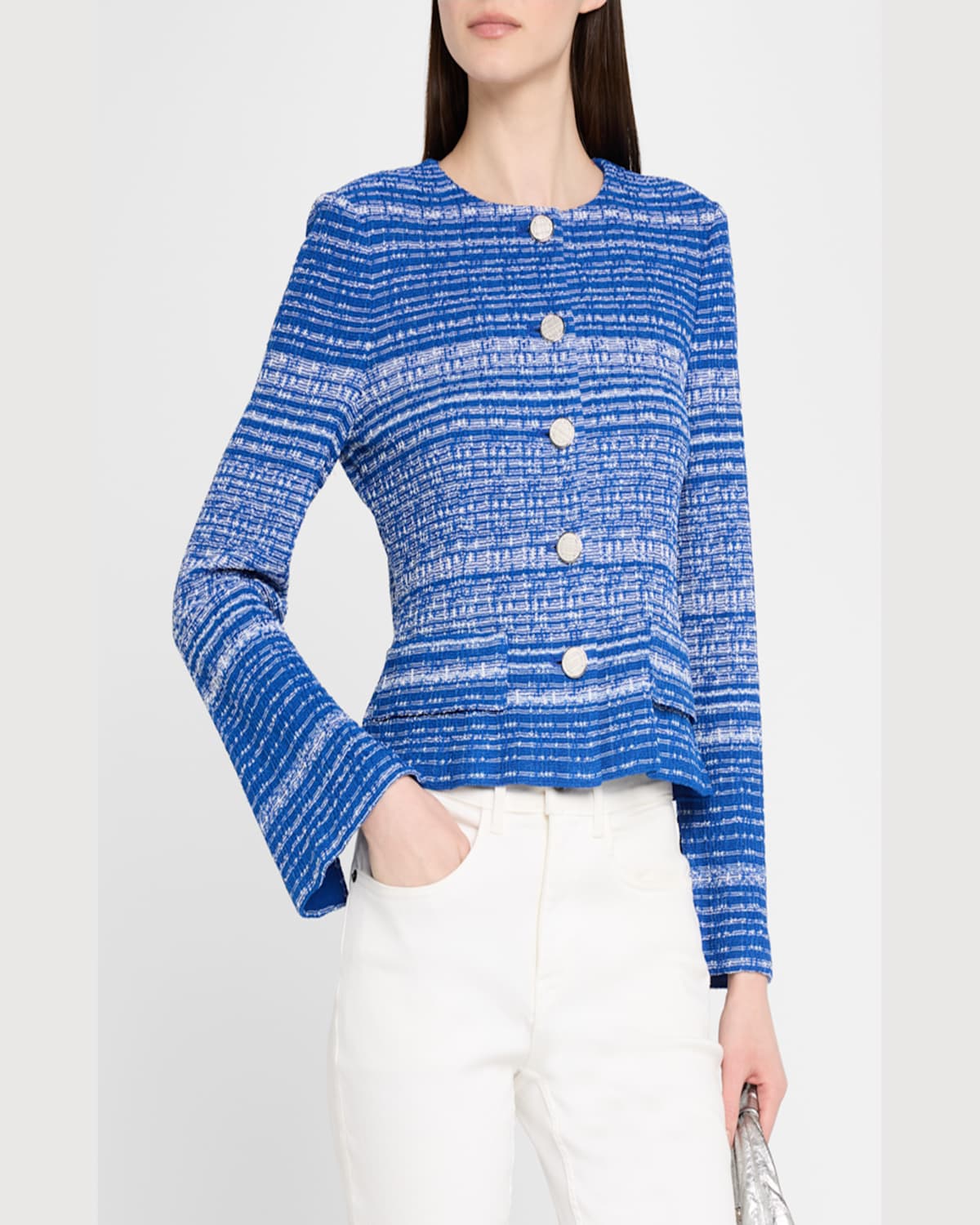Misook Modern-fit Melange Tweed Knit Jacket In Aegean Blue/aquatic/white/silver