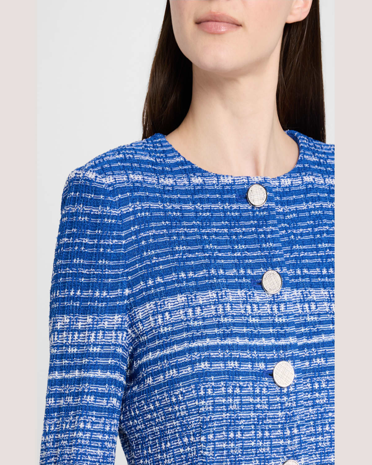 Misook Modern-fit Melange Tweed Knit Jacket In Aegean Blue/aquatic/white/silver