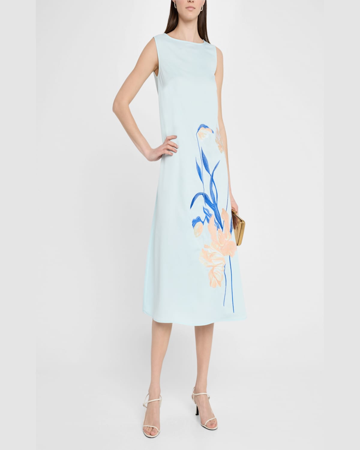 Misook Modern Fit Floral Embroidery Midi Dress In Aquatic/aegean Blue/peach Blossom/biscotti/white