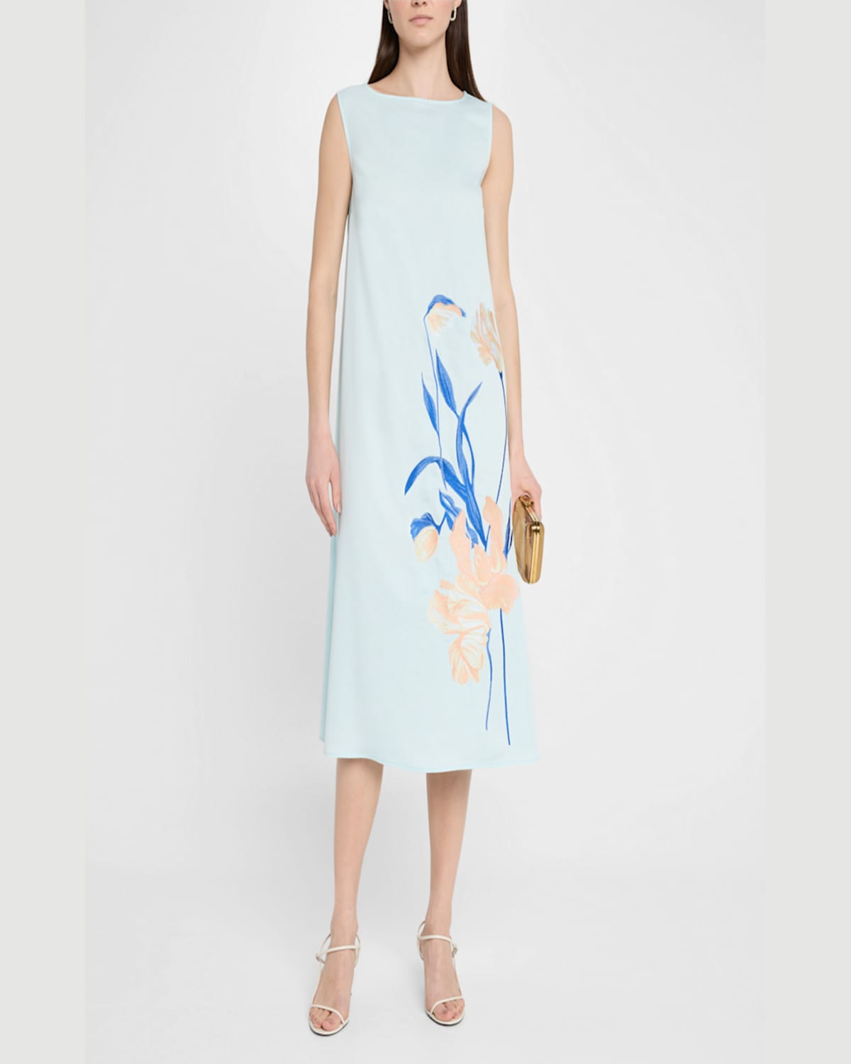 Misook Modern Fit Floral Embroidery Midi Dress In Aquatic/aegean Blue/peach Blossom/biscotti/white