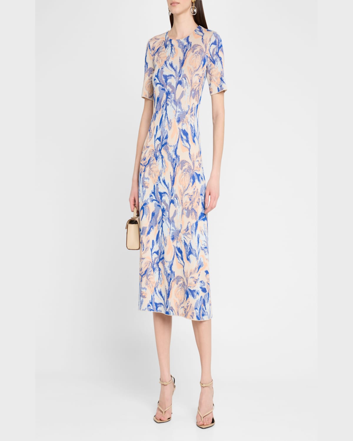 Misook Modern Fit Floral Jacuard Dress In Aegean Blue/aquatic/peach Blossom/biscotti