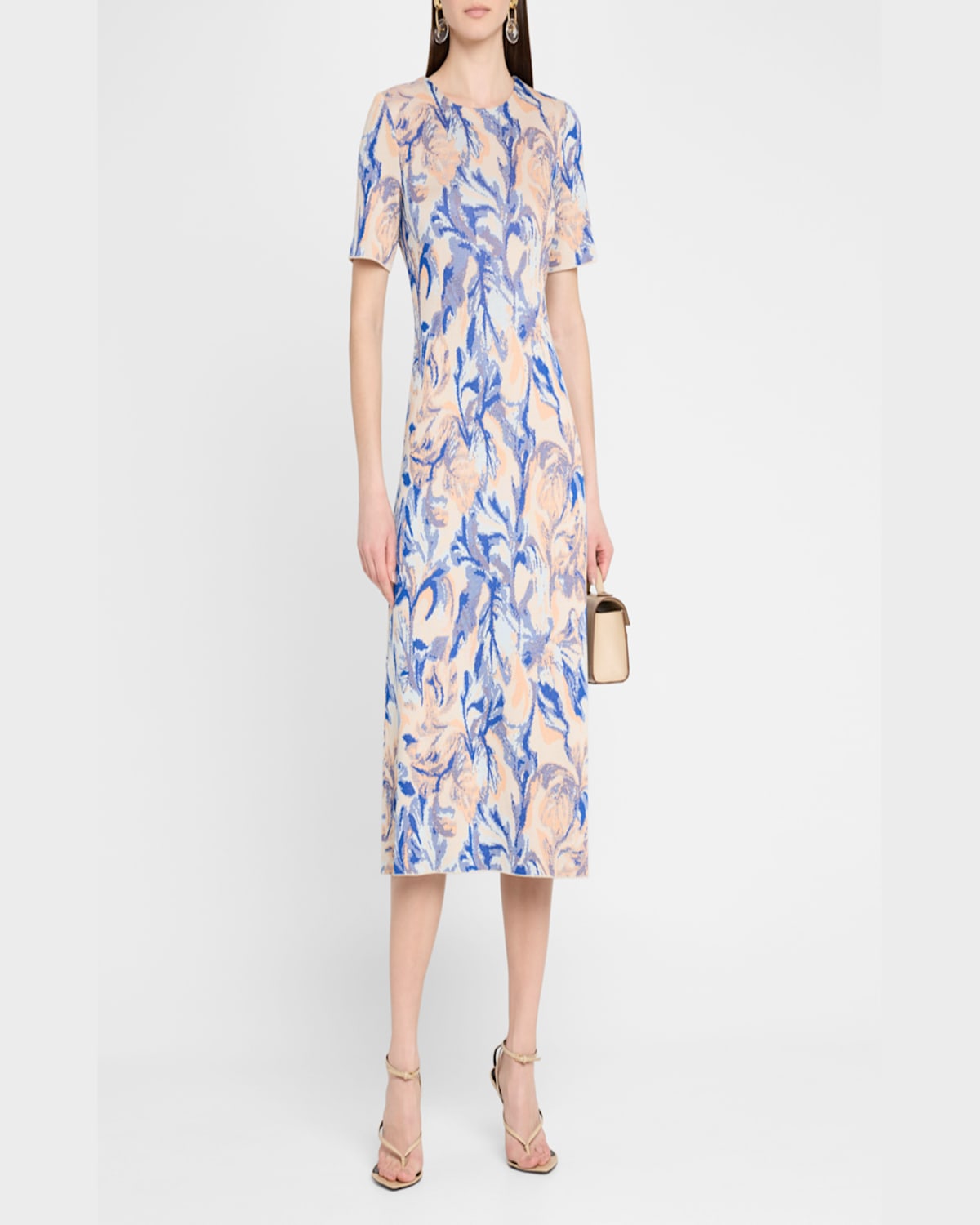 Misook Modern Fit Floral Jacuard Dress In Aegean Blue/aquatic/peach Blossom/biscotti