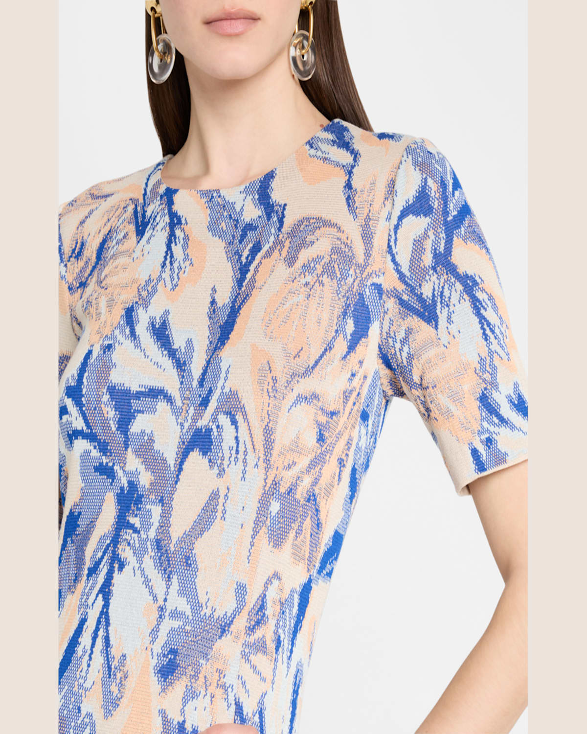 Misook Modern Fit Floral Jacuard Dress In Aegean Blue/aquatic/peach Blossom/biscotti