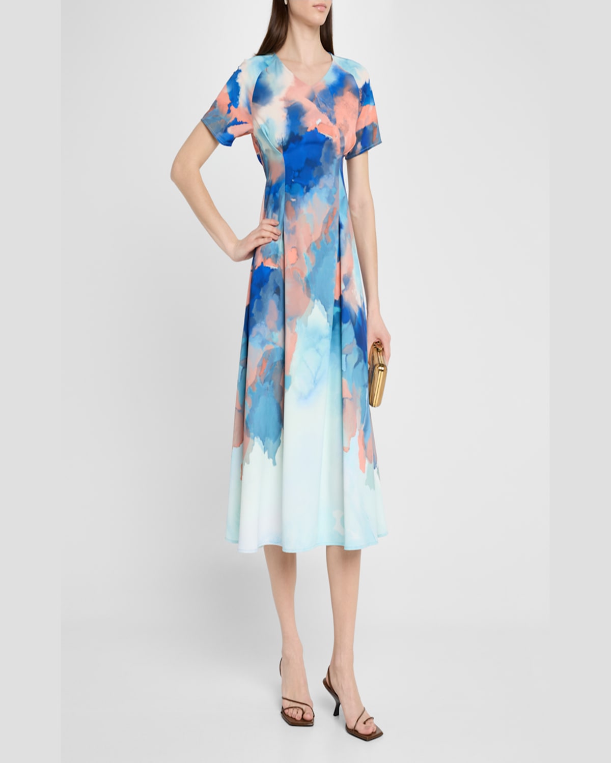 Misook Watercolor Midi Dress In Aegean Blue/aquatic/baked Clay/peach Blossom/biscotti/white/black