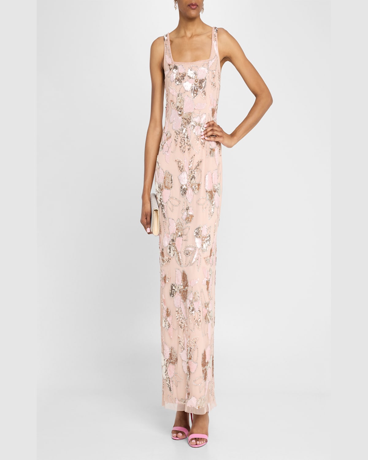 AIDAN MATTOX FLORAL BEAD & SEQUIN COLUMN GOWN 