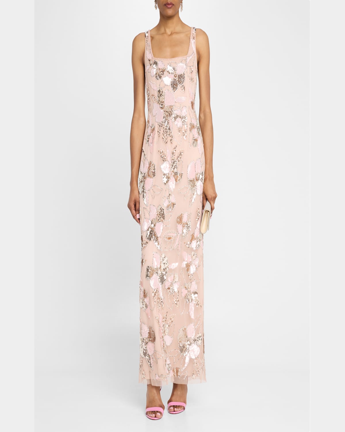 AIDAN MATTOX FLORAL BEAD & SEQUIN COLUMN GOWN 