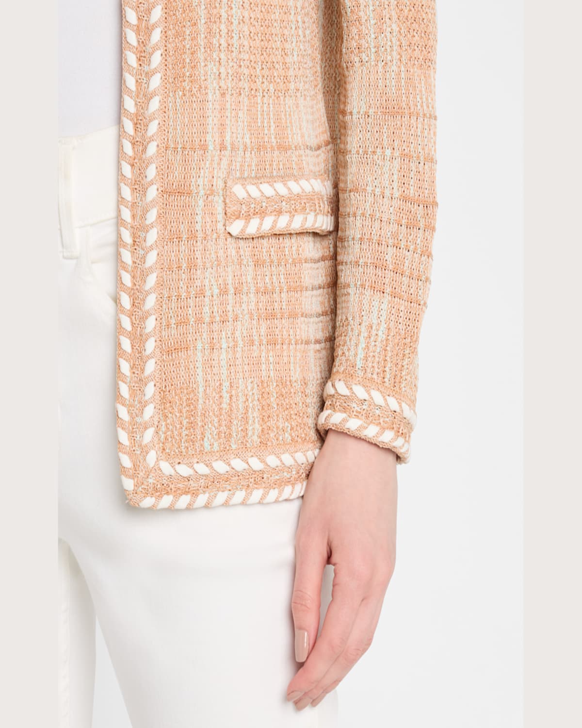 Misook Heritage-fit Whipstitch Melange Knit Jacket In Baked Clay/biscotti/aquatic