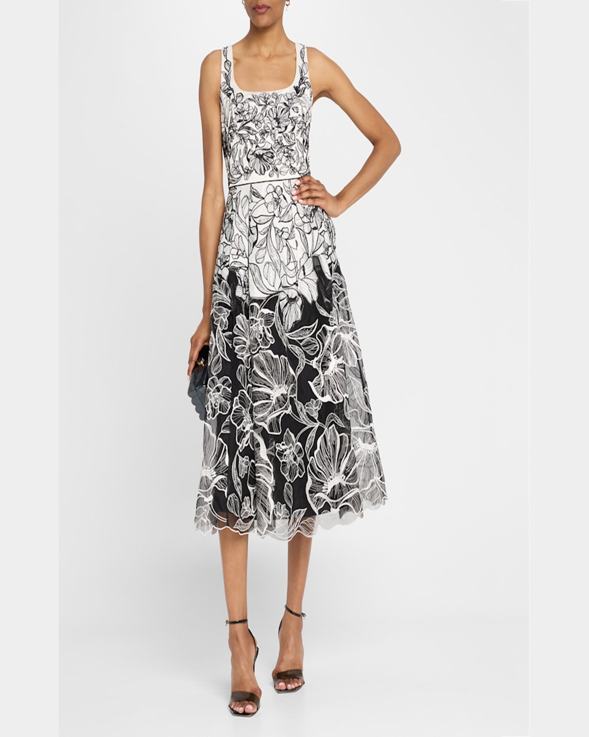 AIDAN MATTOX SLEEVELESS FLORAL-EMBROIDERED MIDI DRESS
