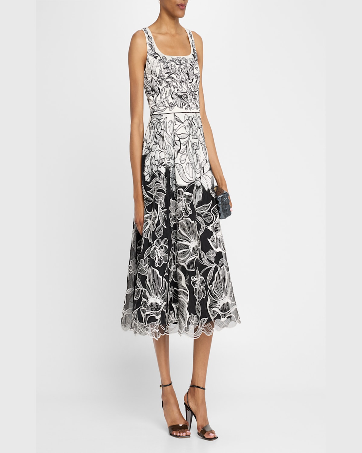 AIDAN MATTOX SLEEVELESS FLORAL-EMBROIDERED MIDI DRESS