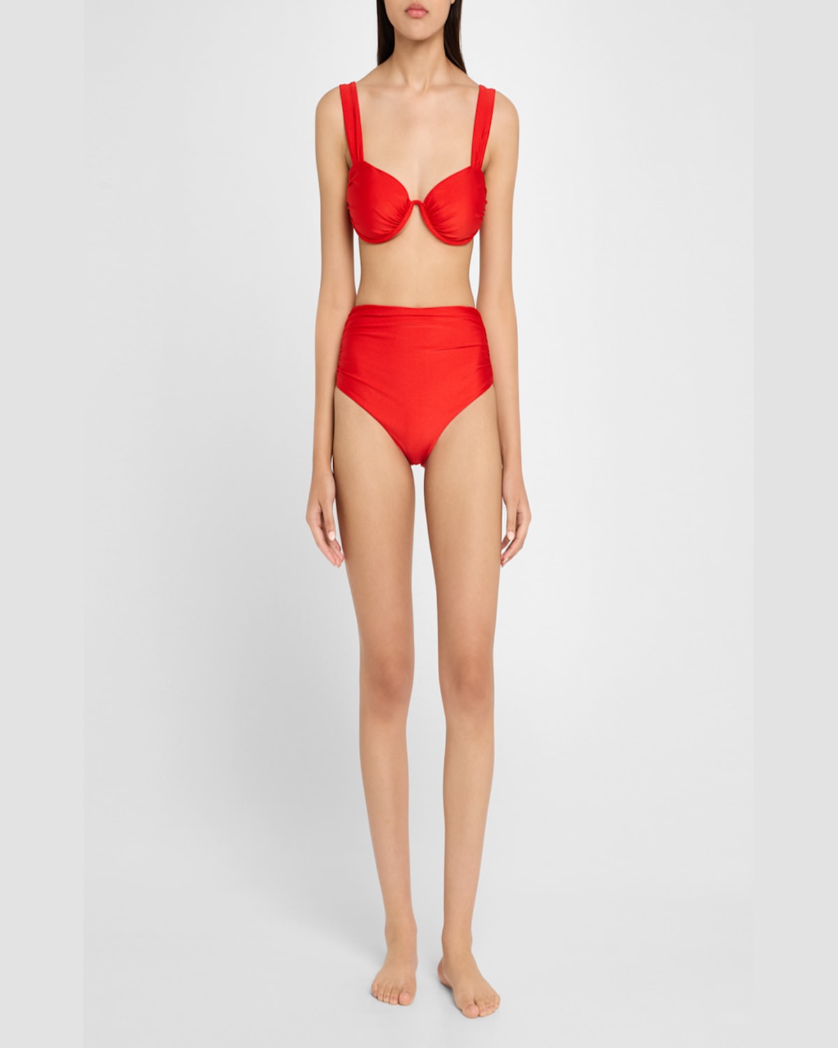 Shop Simkhai Teya Ruched High-waist Bikini Bottoms In Fiery Red