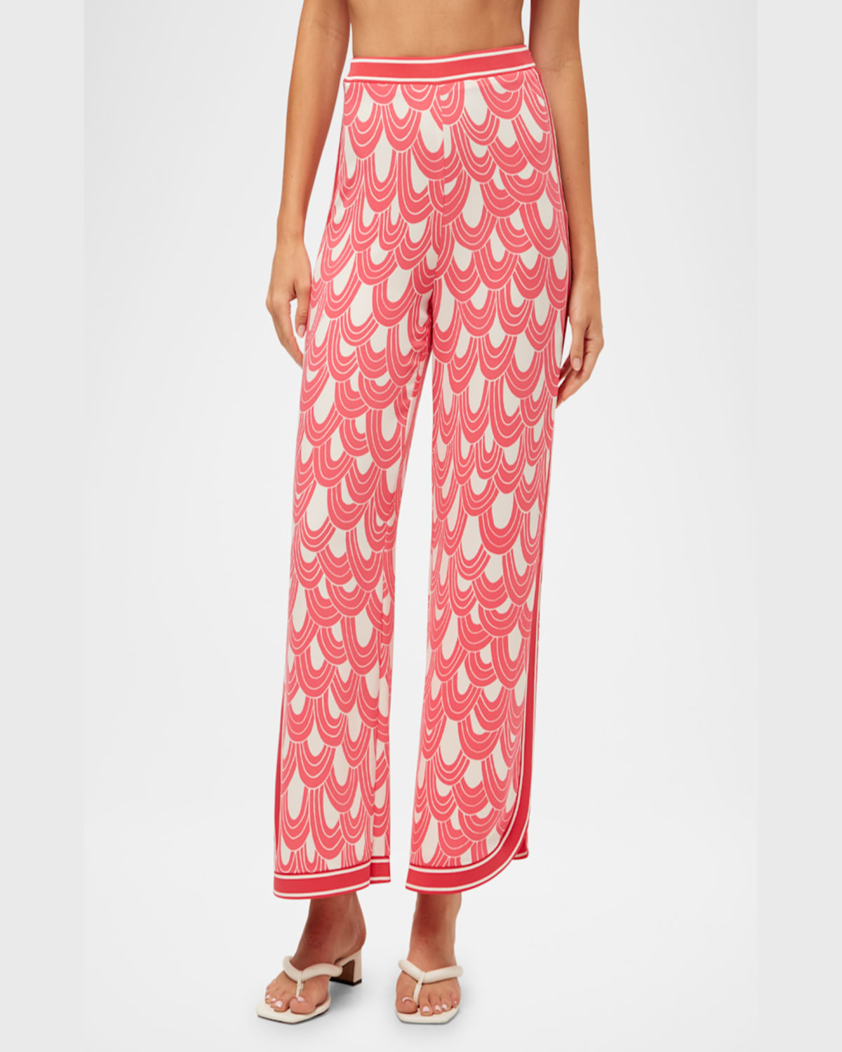 Trina Turk Overhead Cropped Scallop-print Pants In Coral Crushwhitewash