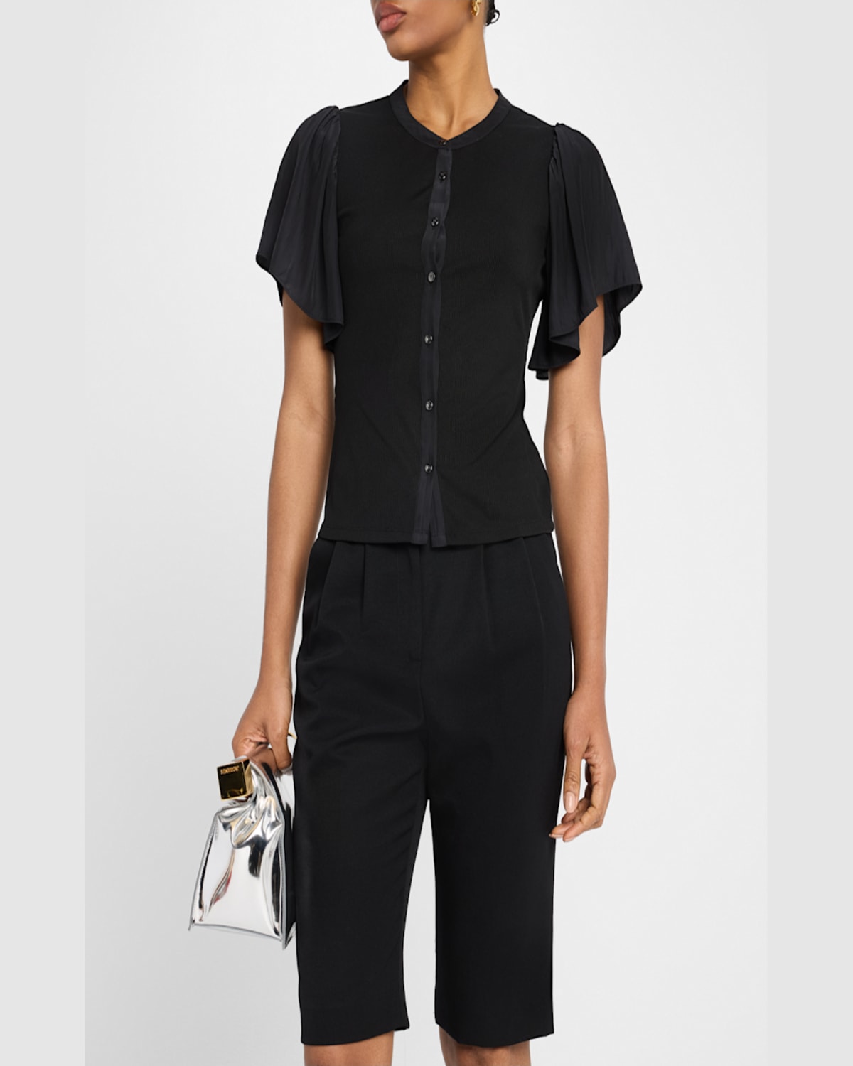 Shop Ramy Brook Colette Button-front Flutter-sleeve Top In Ivory