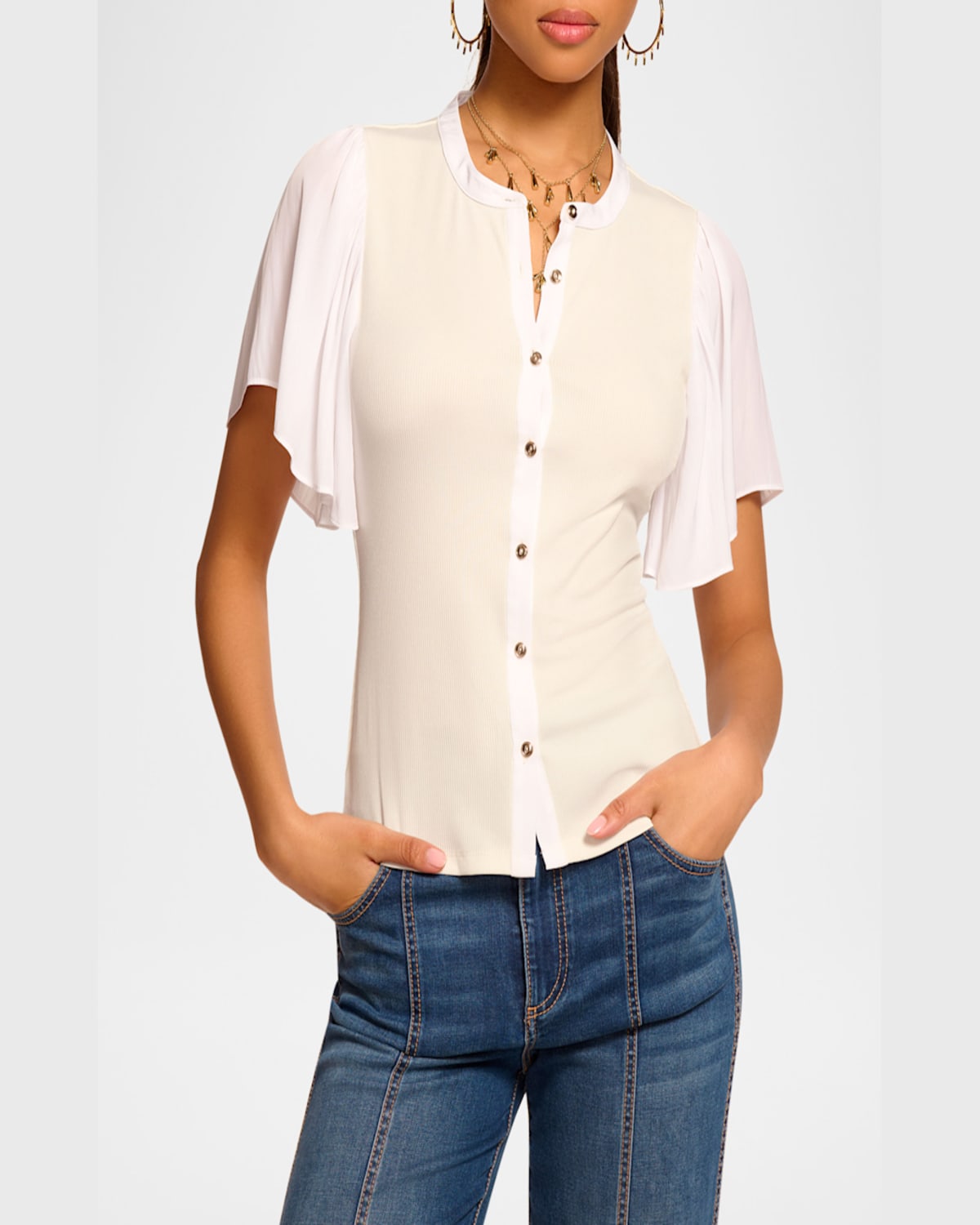 Shop Ramy Brook Colette Button-front Flutter-sleeve Top In Ivory