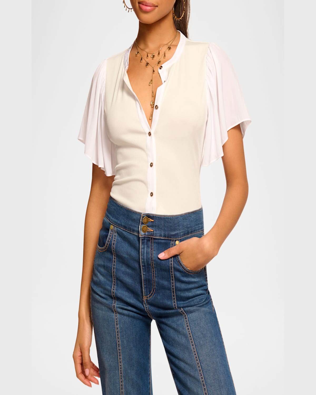 RAMY BROOK COLETTE BUTTON-FRONT FLUTTER-SLEEVE TOP 