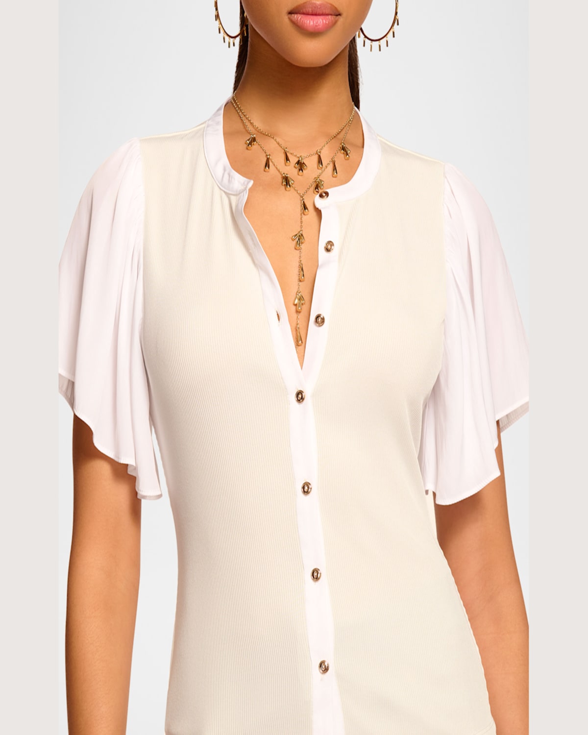 Shop Ramy Brook Colette Button-front Flutter-sleeve Top In Ivory