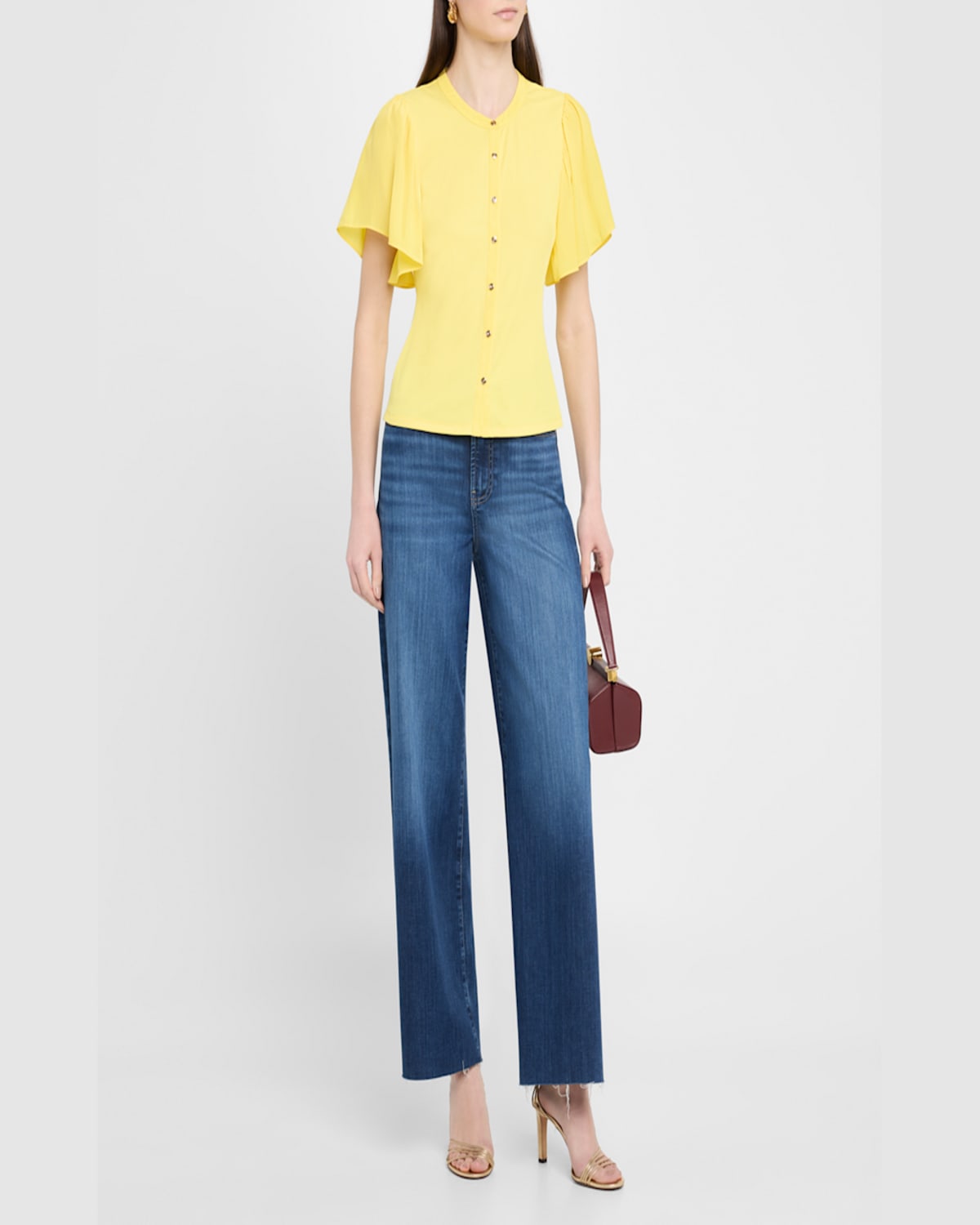 Shop Ramy Brook Colette Button-front Flutter-sleeve Top In Lemon Drop