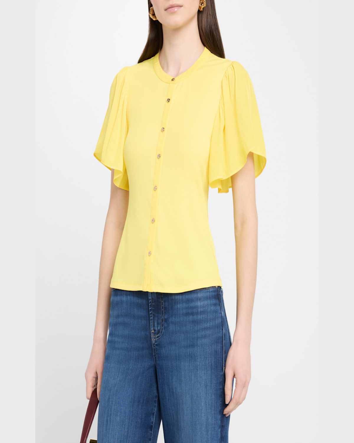 Shop Ramy Brook Colette Button-front Flutter-sleeve Top In Lemon Drop