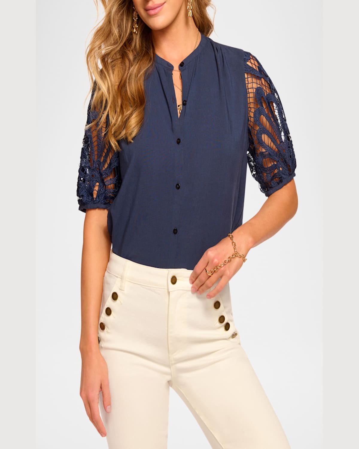 RAMY BROOK GIA OPEN-KNIT SHORT-SLEEVE BLOUSE 