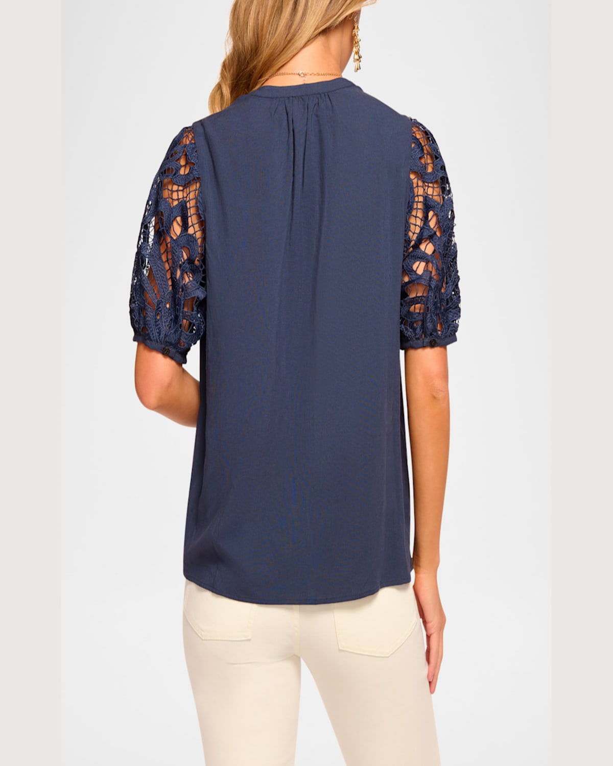 RAMY BROOK GIA OPEN-KNIT SHORT-SLEEVE BLOUSE 