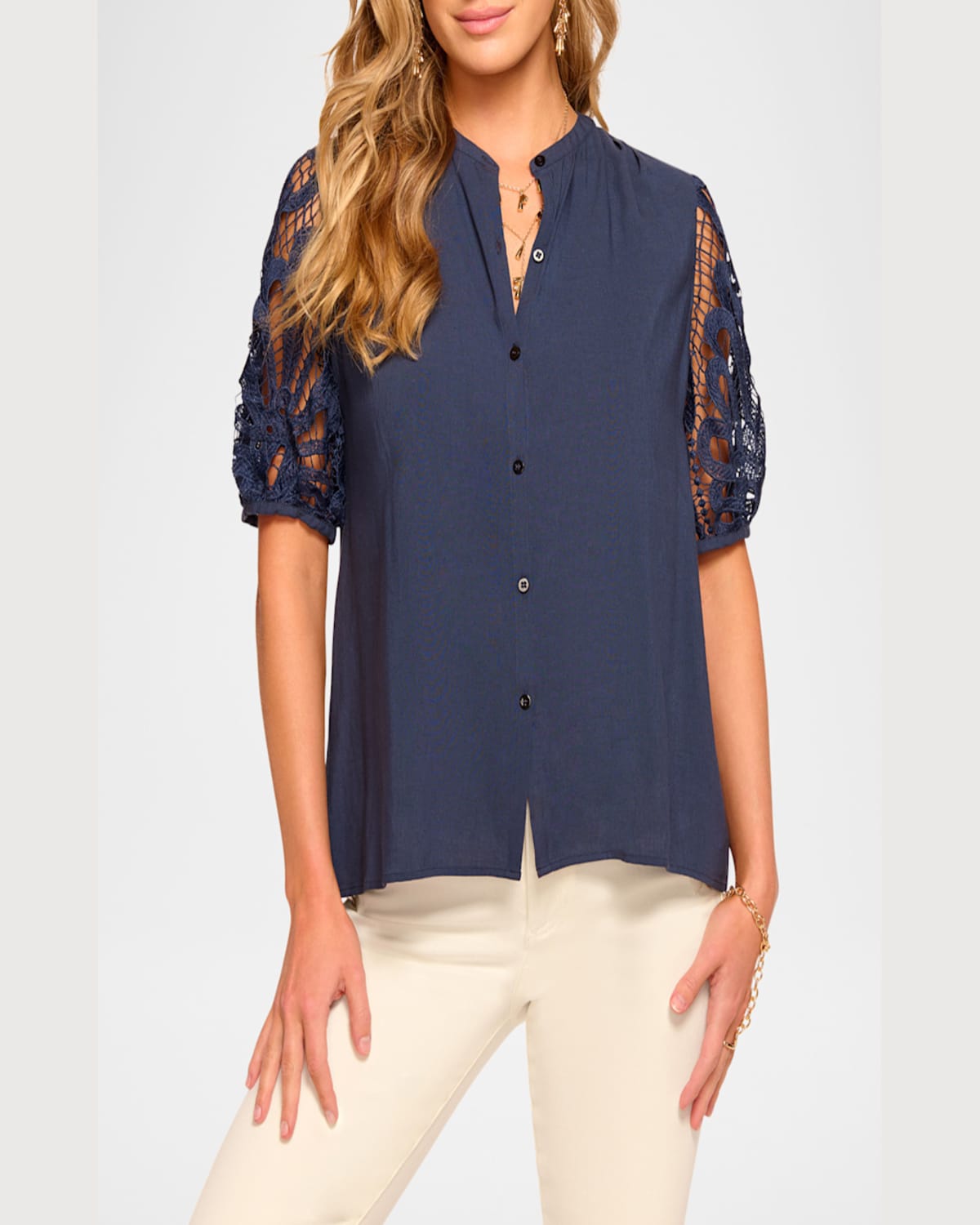 RAMY BROOK GIA OPEN-KNIT SHORT-SLEEVE BLOUSE 