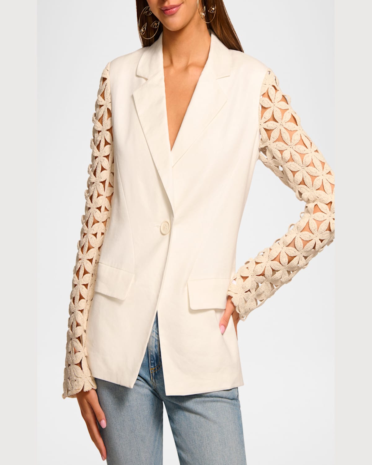 Ramy Brook Kelsey Cutout Sleeve Linen Blend Blazer In White Floral