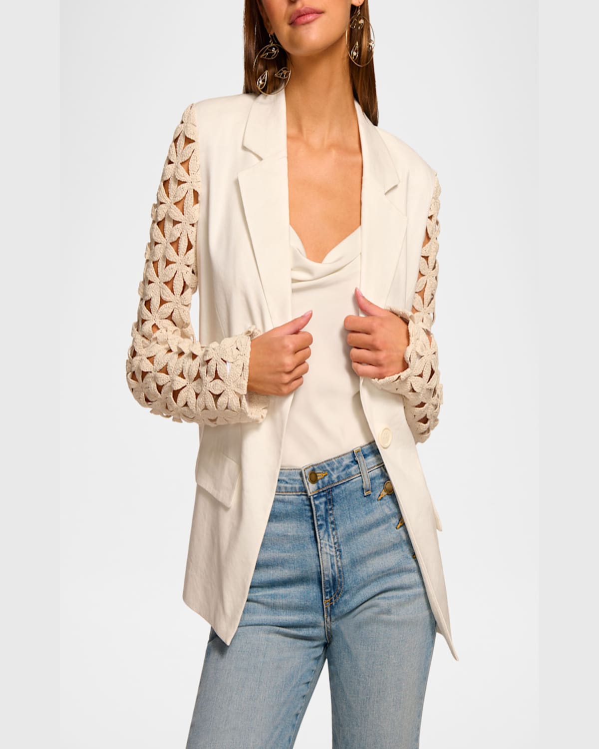 Ramy Brook Kelsey Cutout Sleeve Linen Blend Blazer In White Floral