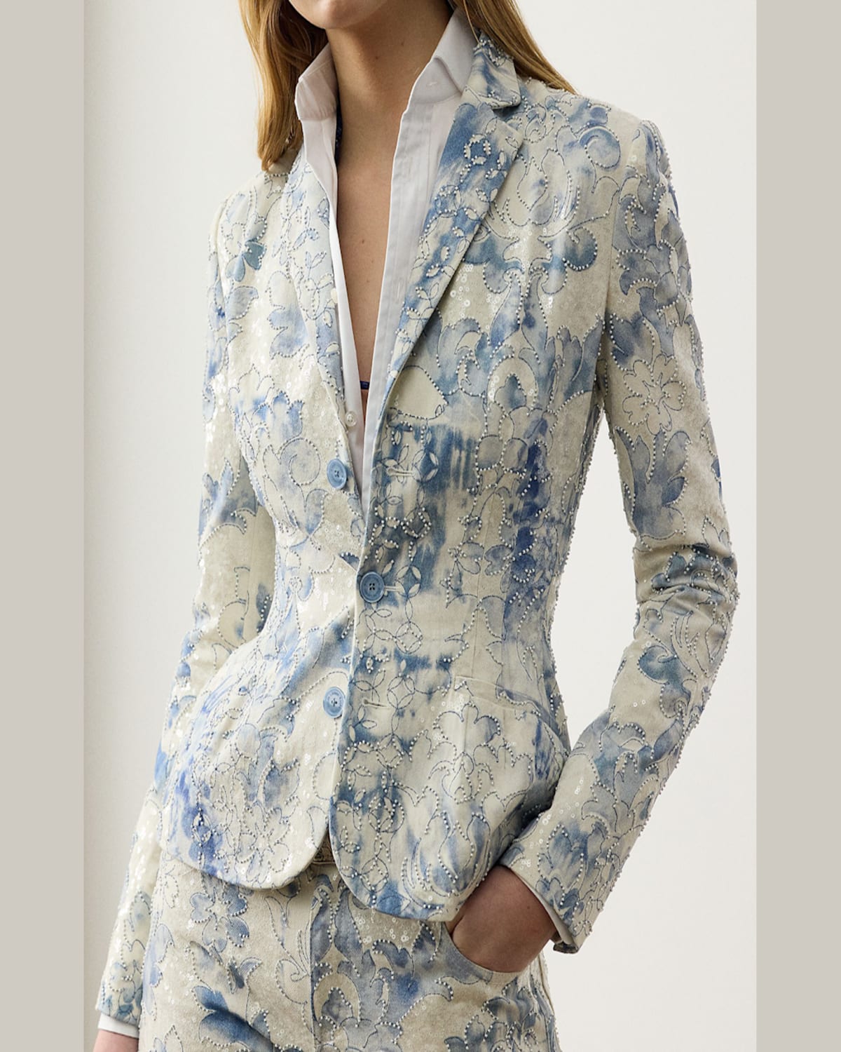 Ralph Lauren Amory Beaded Denim Single-breasted Jacket In Blue Mu