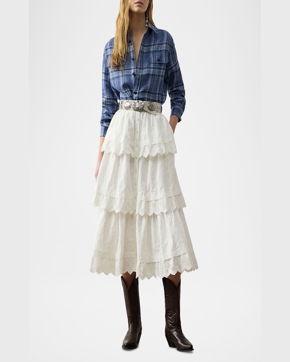 Ralph Lauren Darleen Plaid Chambray Button-down Shirt In Indigo Blu