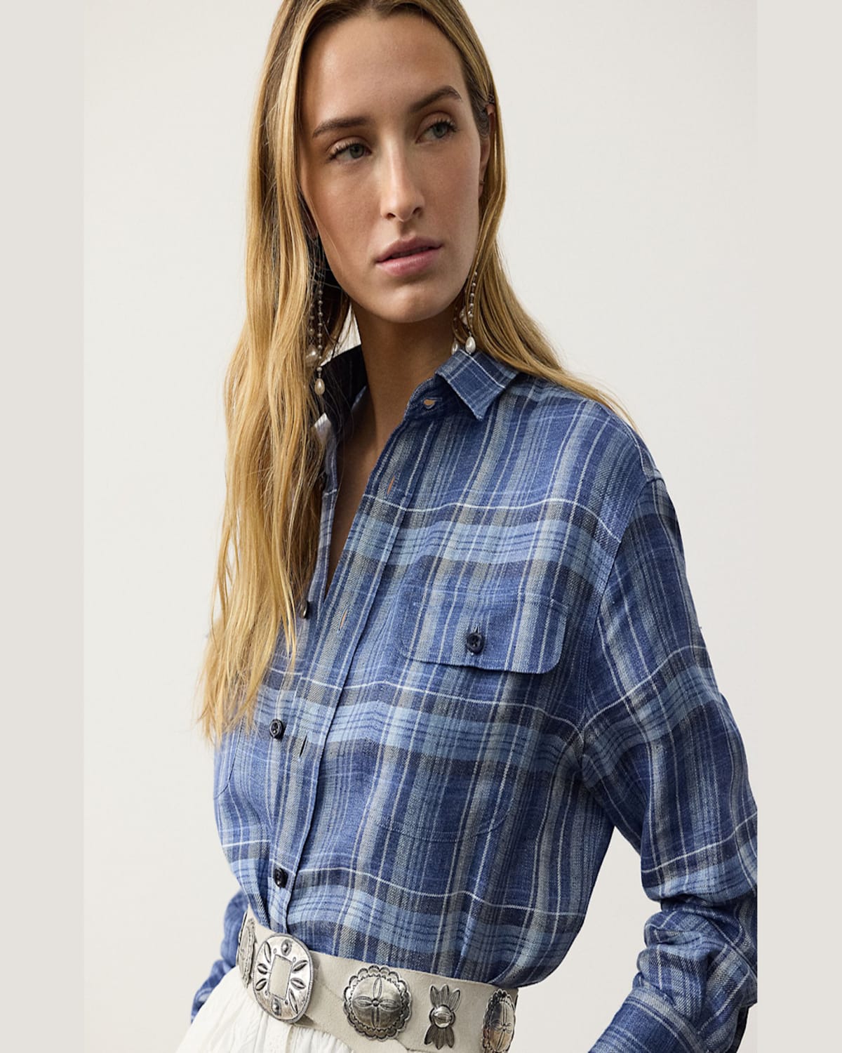 Ralph Lauren Darleen Plaid Chambray Button-down Shirt In Indigo Blu