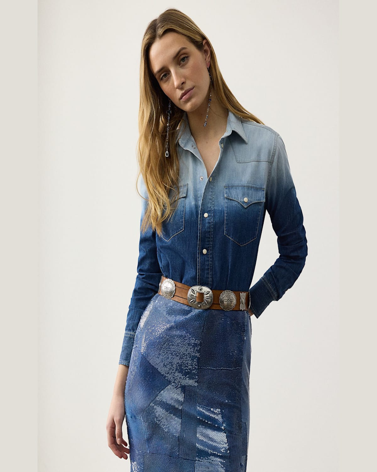 Ralph Lauren Payson Ombre Cotton Chambray Western Shirt In Indigo Blu