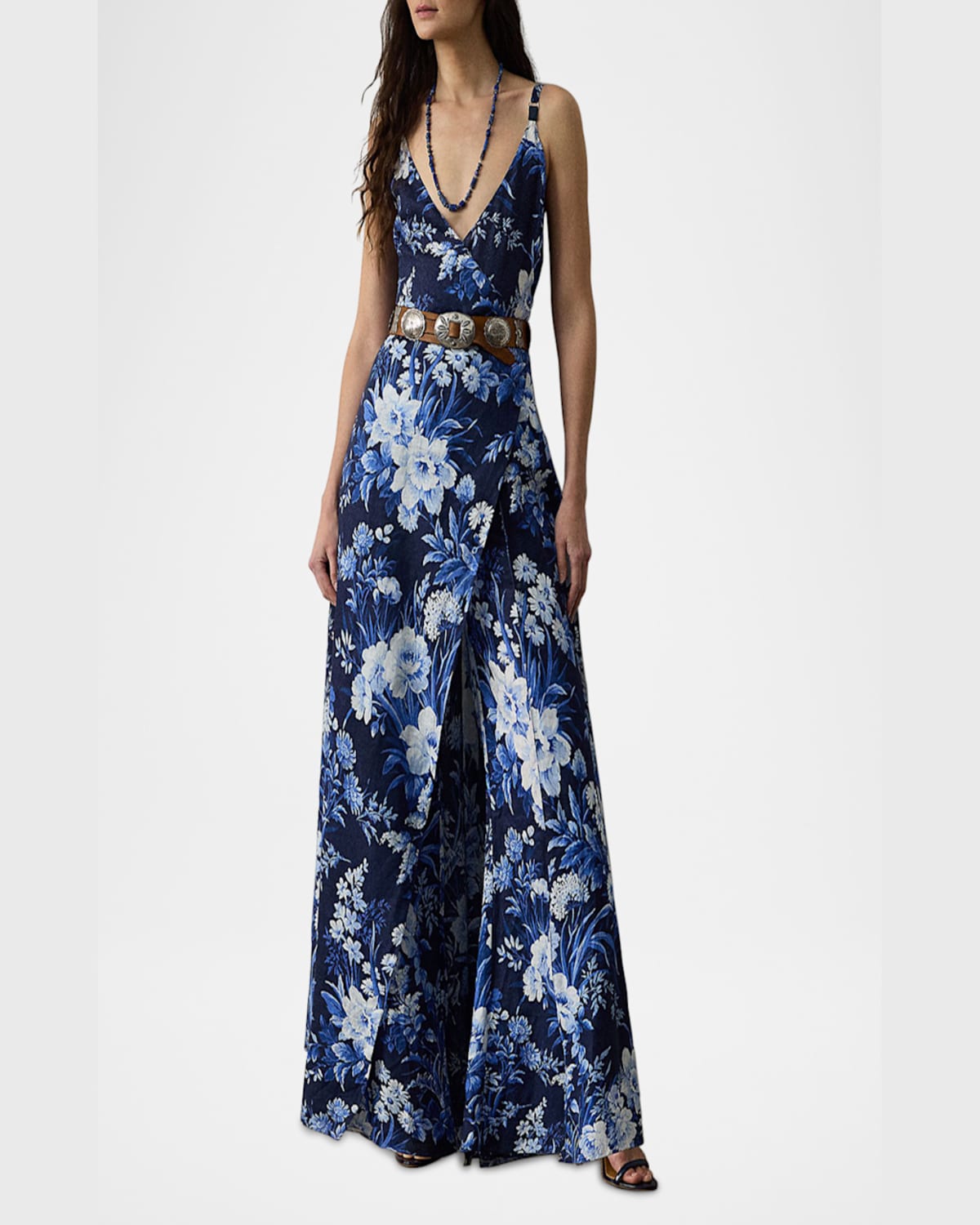 Ralph Lauren Ferra Ombre Floral Linen Voile Wrap Jumpsuit In Navy Multi