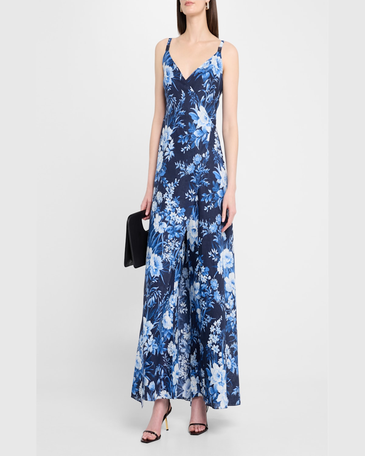 Ralph Lauren Ferra Ombre Floral Linen Voile Wrap Jumpsuit In Navy Multi