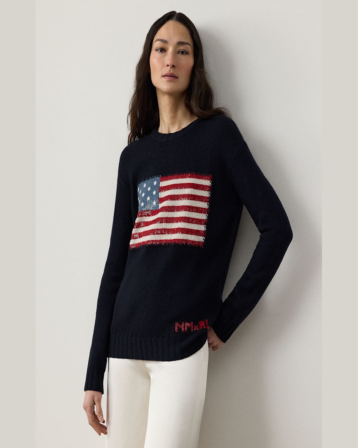 Ralph Lauren Nm X Rl Exclusive Sequin Flag Cashmere Sweater In Navy