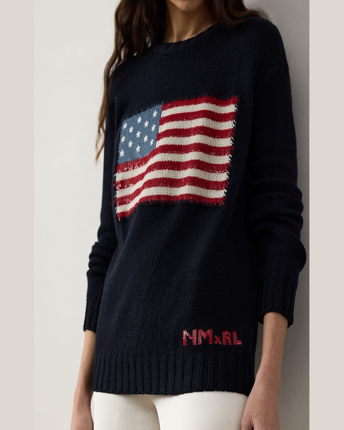 Ralph Lauren Nm X Rl Exclusive Sequin Flag Cashmere Sweater In Navy