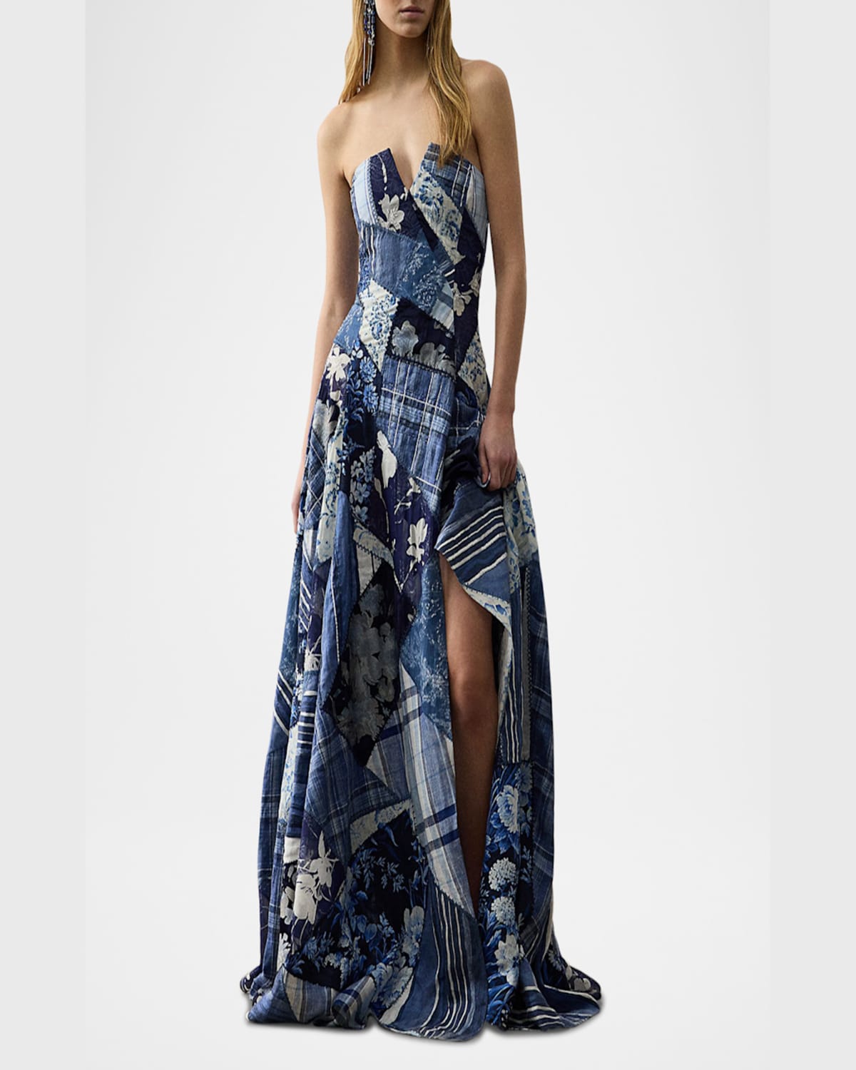 Ralph Lauren Nm X Rl Barrick Strapless Patchwork Bustier Gown In Blue Multi