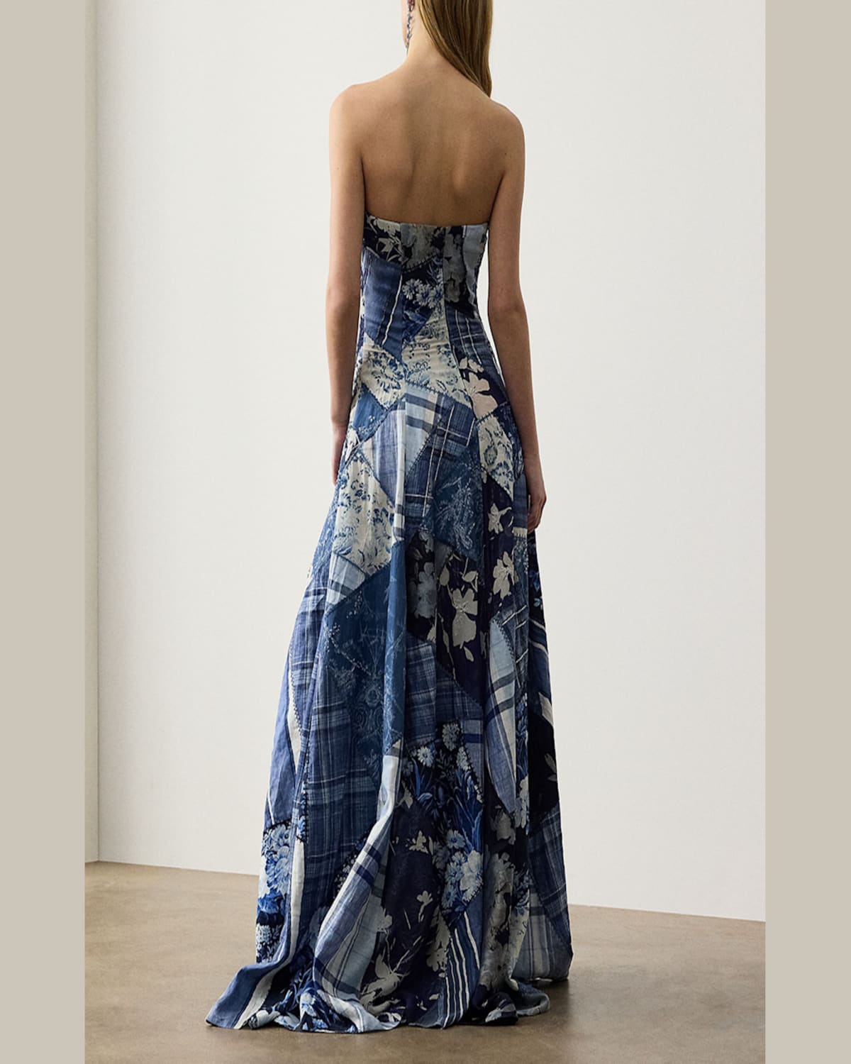 Ralph Lauren Nm X Rl Barrick Strapless Patchwork Bustier Gown In Blue Multi