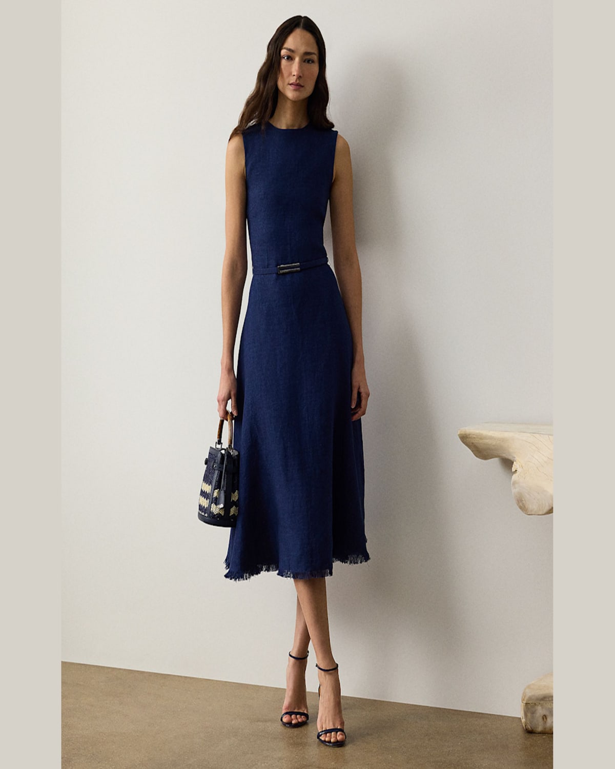 Ralph Lauren Briella Sleeveless Linen Dobby Midi Dress In Navy