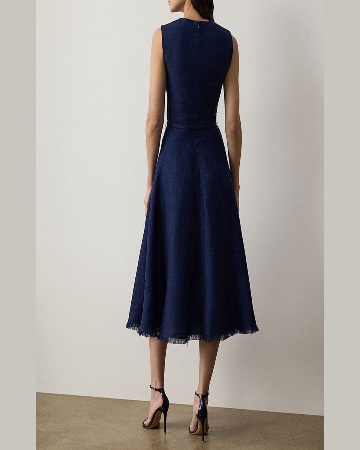Ralph Lauren Briella Sleeveless Linen Dobby Midi Dress In Navy