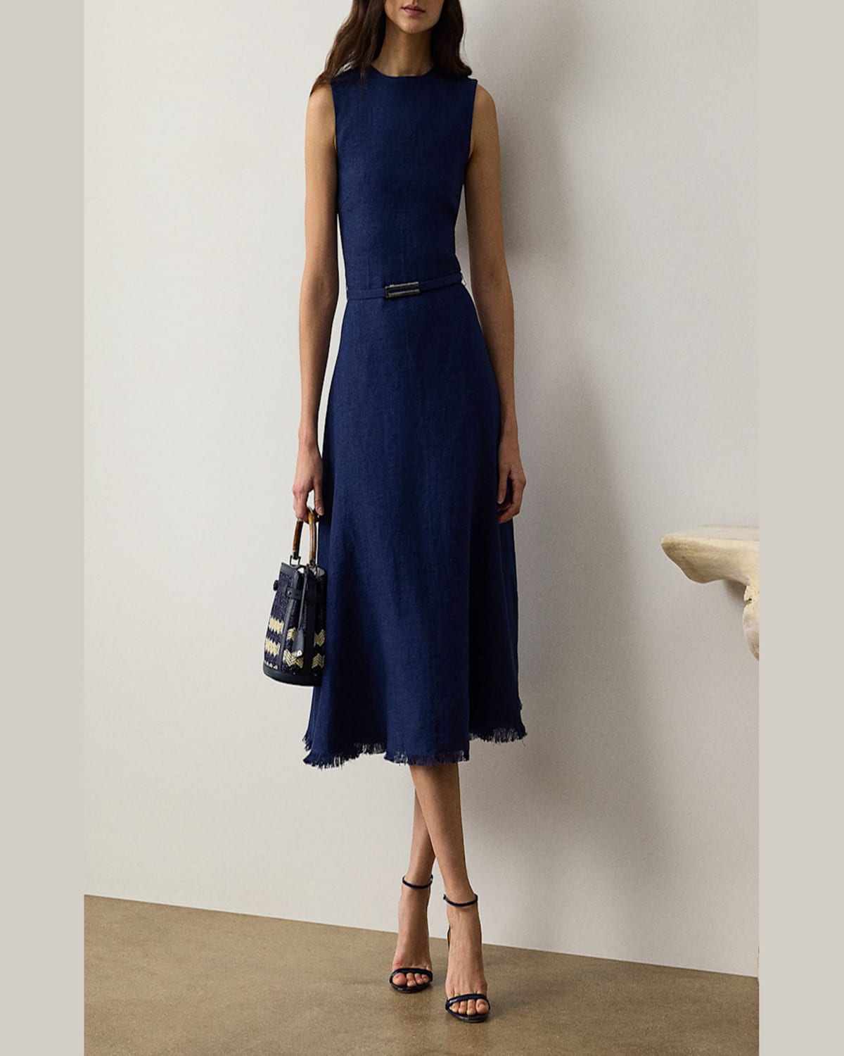 Ralph Lauren Briella Sleeveless Linen Dobby Midi Dress In Navy
