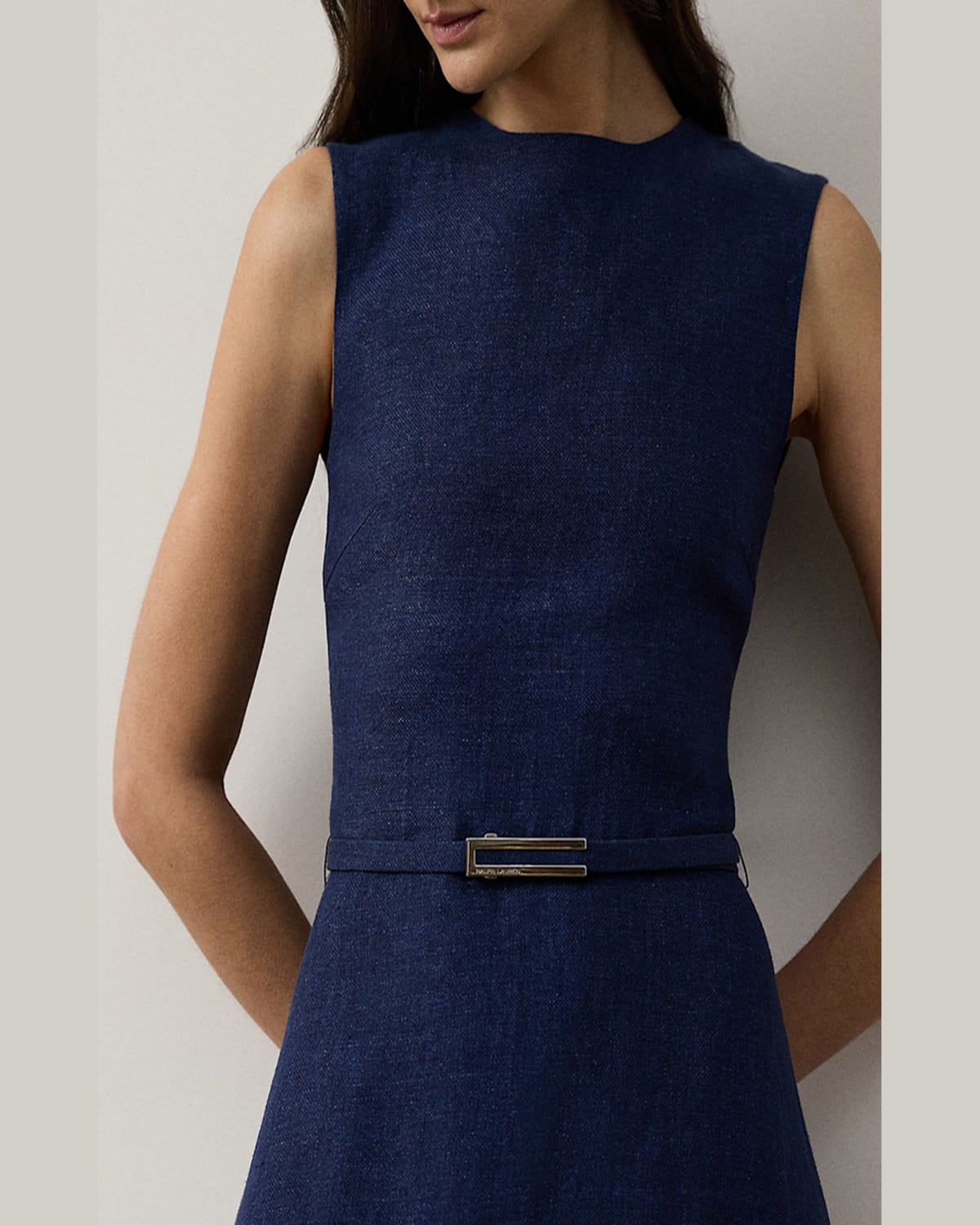 Ralph Lauren Briella Sleeveless Linen Dobby Midi Dress In Navy