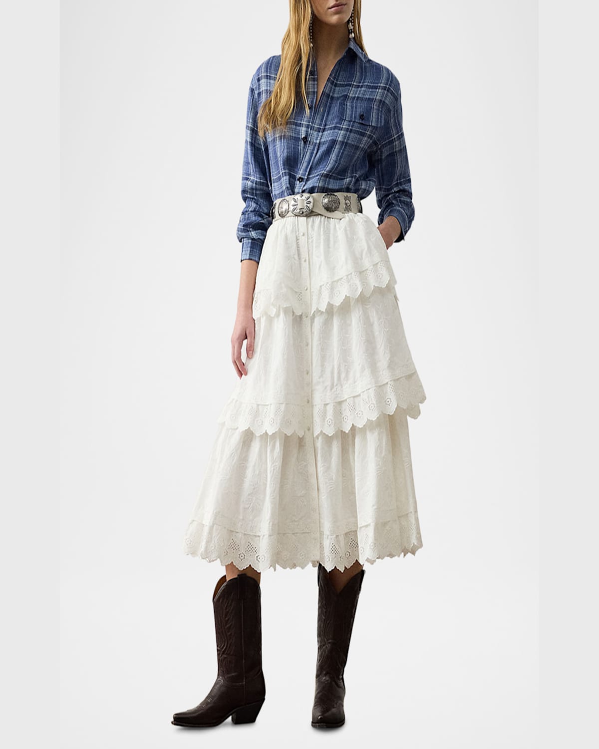 RALPH LAUREN CAITLIN TIERED EMBROIDERED COTTON POPLIN MIDI SKIRT 