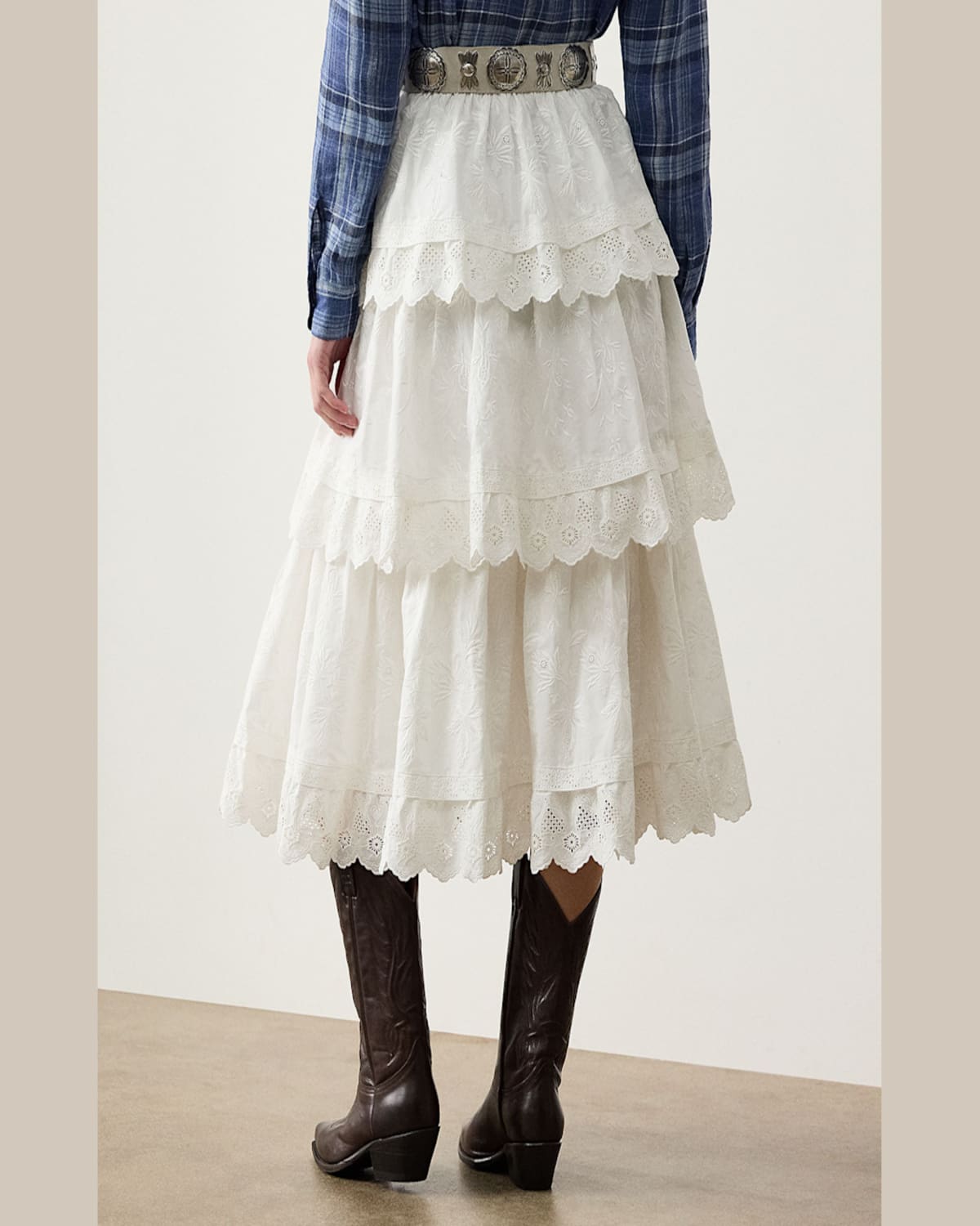 RALPH LAUREN CAITLIN TIERED EMBROIDERED COTTON POPLIN MIDI SKIRT 