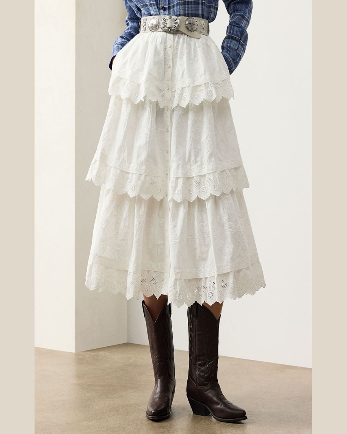 RALPH LAUREN CAITLIN TIERED EMBROIDERED COTTON POPLIN MIDI SKIRT 