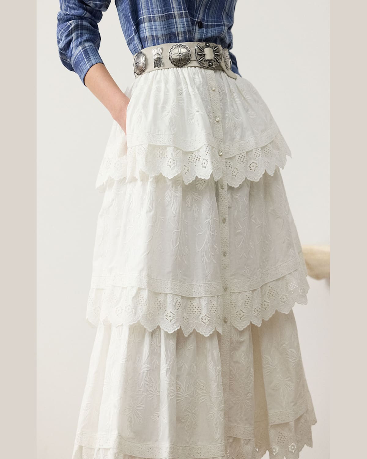 RALPH LAUREN CAITLIN TIERED EMBROIDERED COTTON POPLIN MIDI SKIRT 